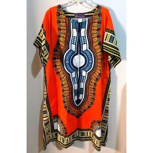 SUN ISLAND Orange Dashiki‎ Dress Tunic 100% Cotton Tribal Print Kaftan
